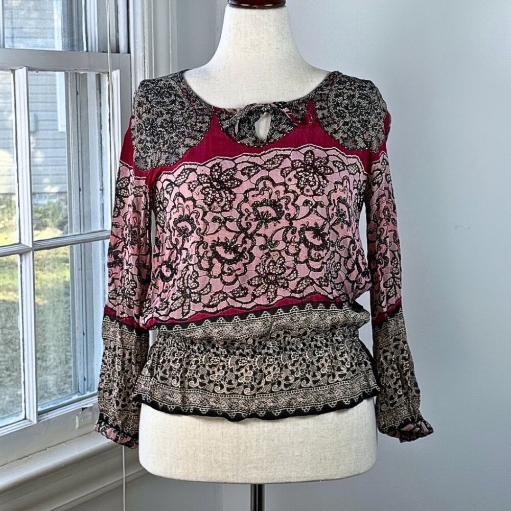 Bila Beaded Floral Flowy Blouse Long Sleeve Top Cinched Indian Boho Large Petite